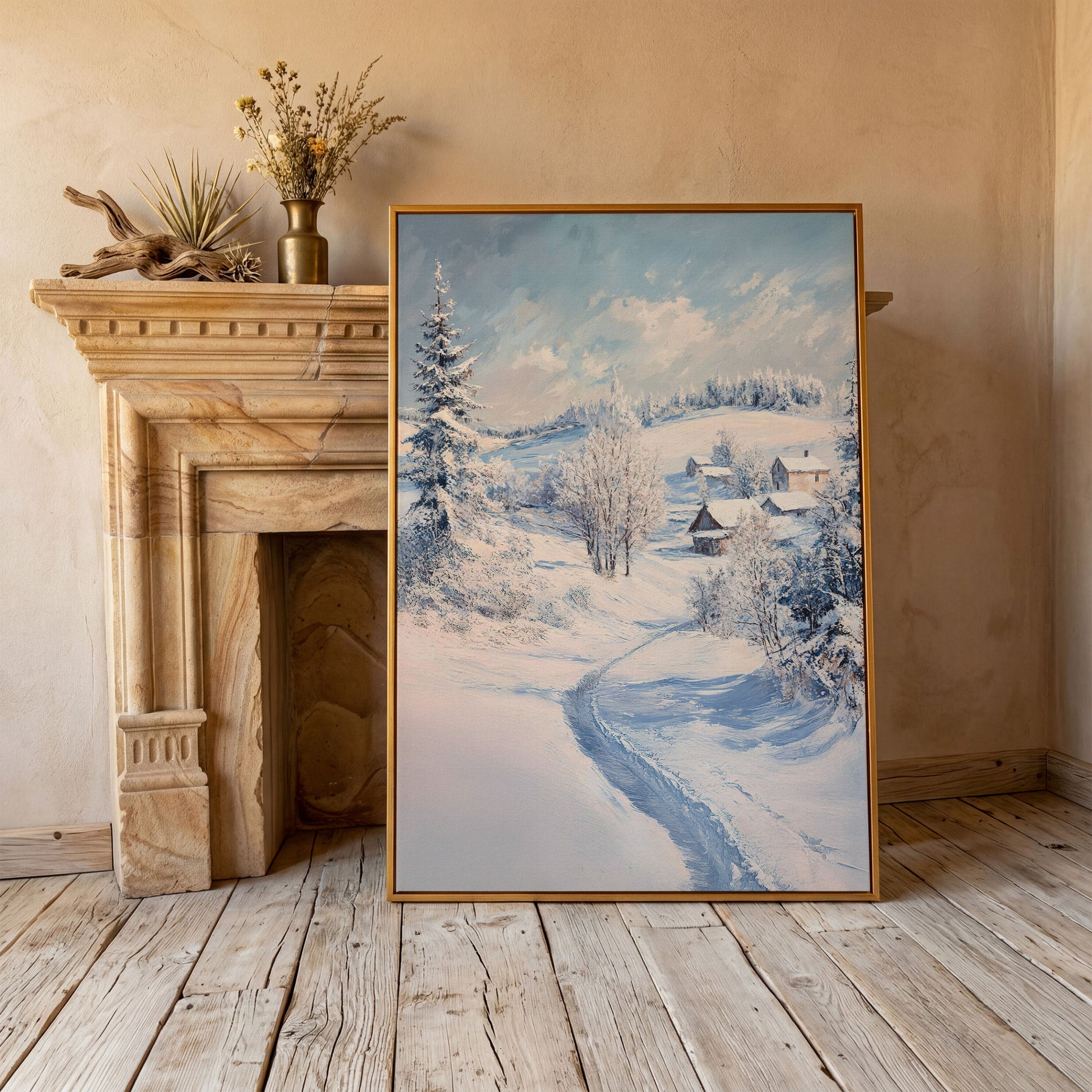 Snowy Village Path Canvas in antique gold floating frame