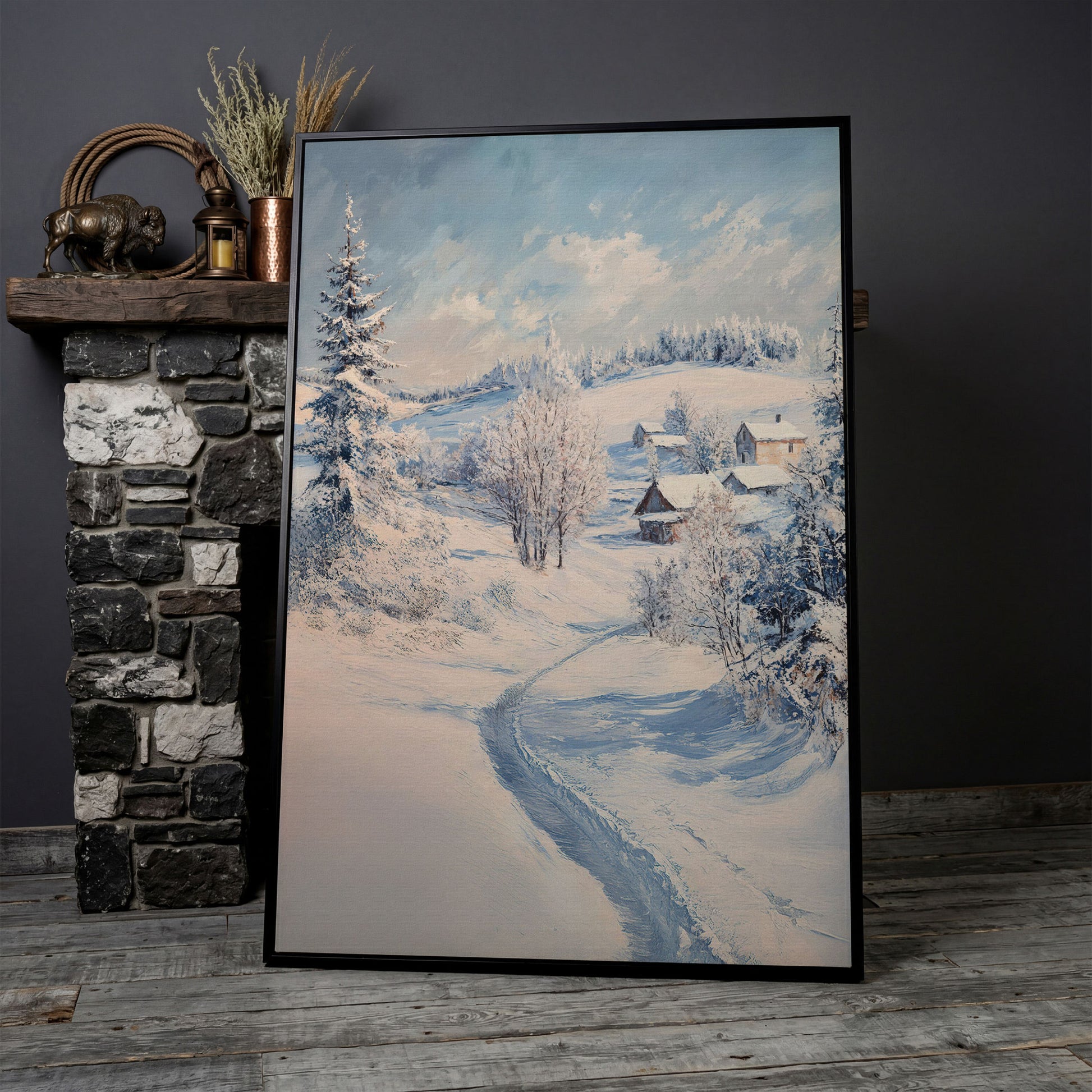 Snowy Village Path Canvas in black floating frame