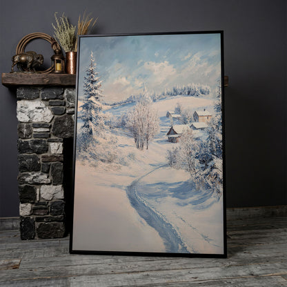 Snowy Village Path Canvas in black floating frame