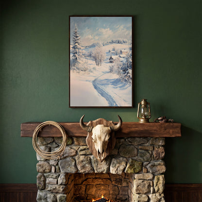 Snowy Village Path Canvas in dark walnut floating frame