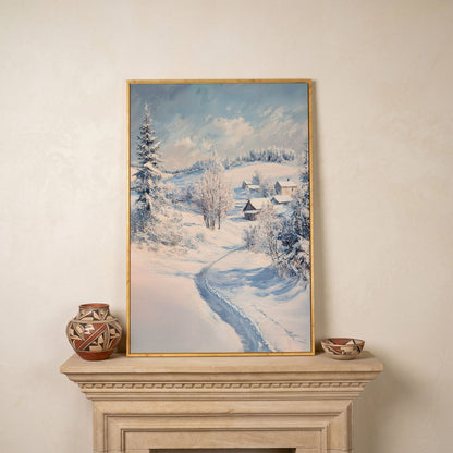 Snowy Village Path Canvas in white oak floating frame