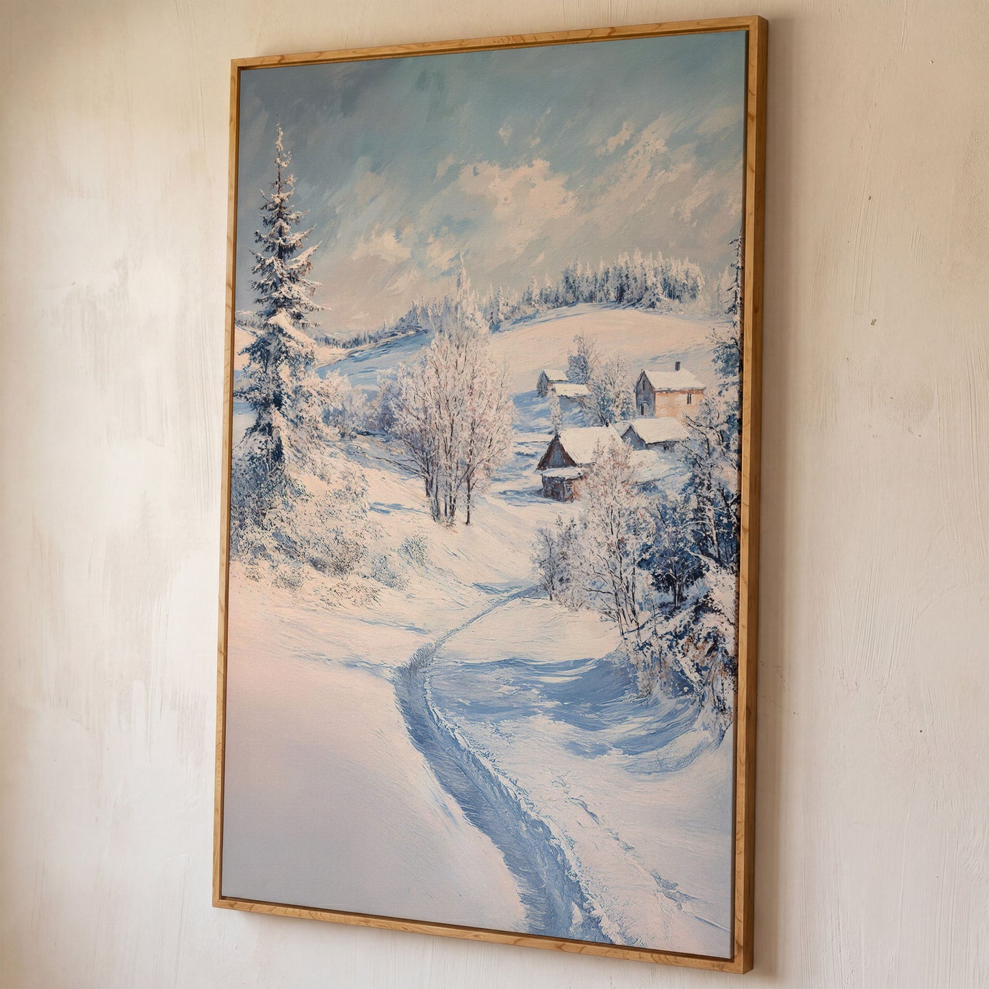 Snowy Village Path Canvas shown in white oak floating frame