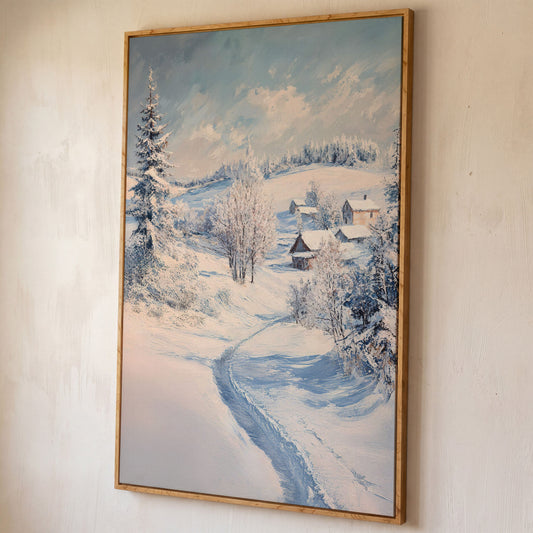 Snowy Village Path Canvas shown in white oak floating frame