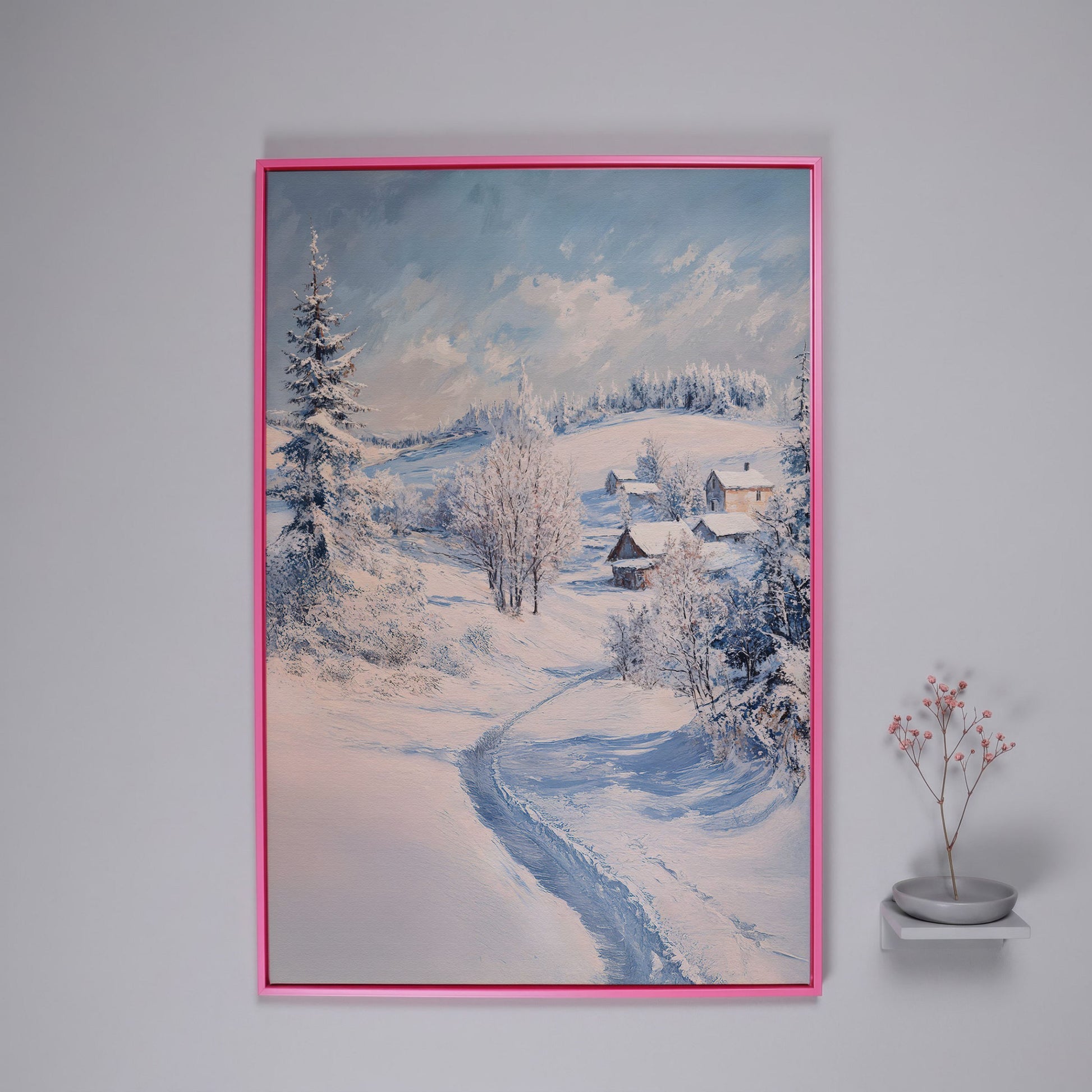 Snowy Village Path Canvas in pink floating frame