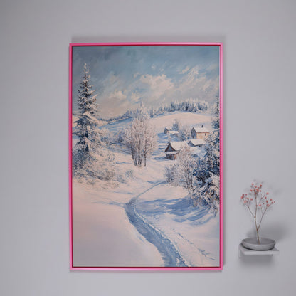 Snowy Village Path Canvas in pink floating frame