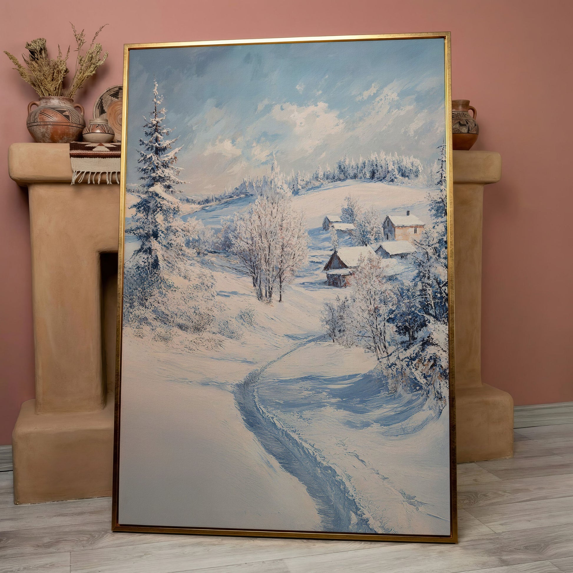 Snowy Village Path Canvas in rose gold floating frame
