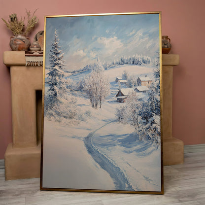 Snowy Village Path Canvas in rose gold floating frame