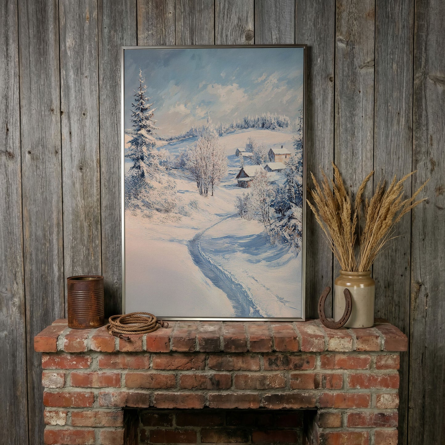 Snowy Village Path Canvas in silver floating frame