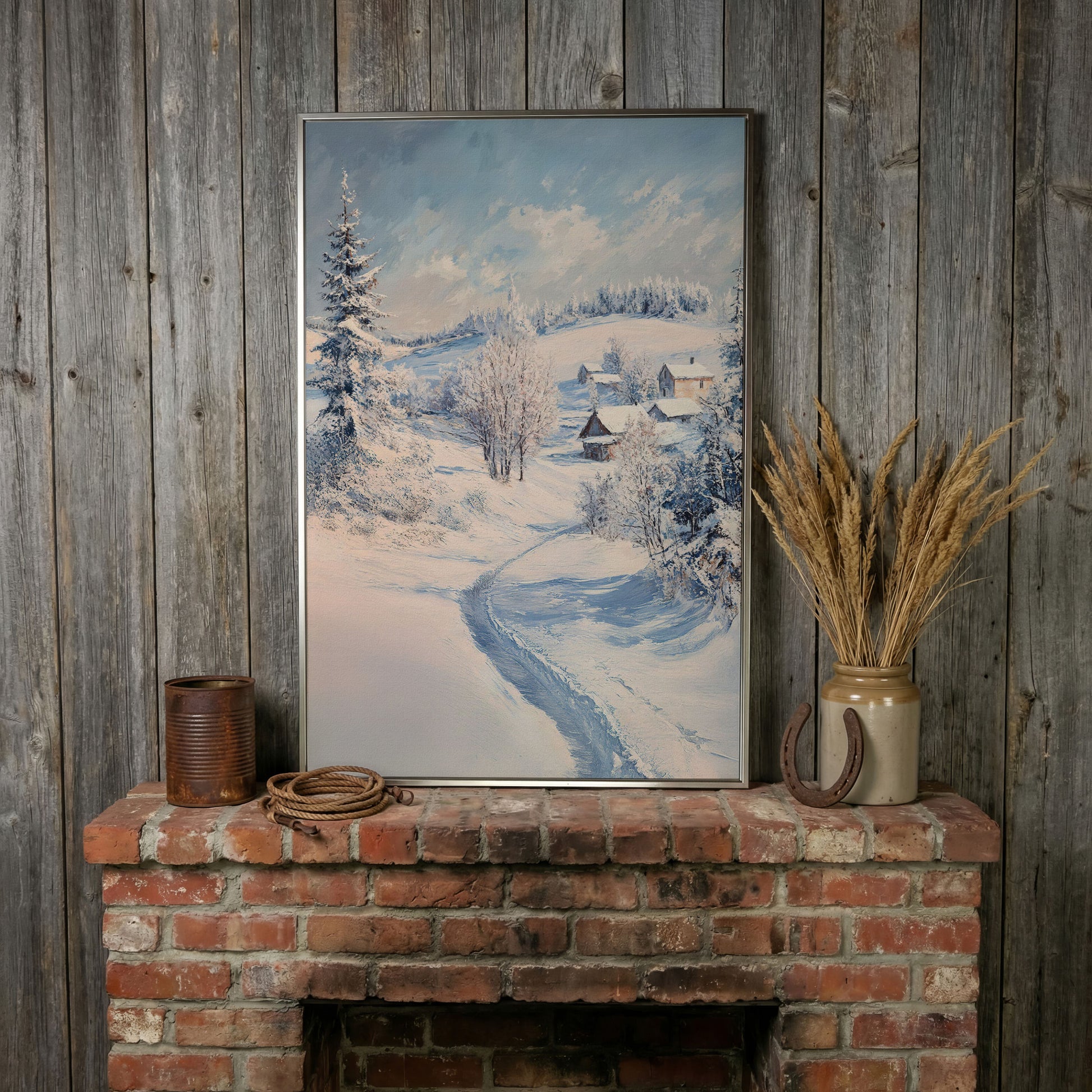 Snowy Village Path Canvas in silver floating frame