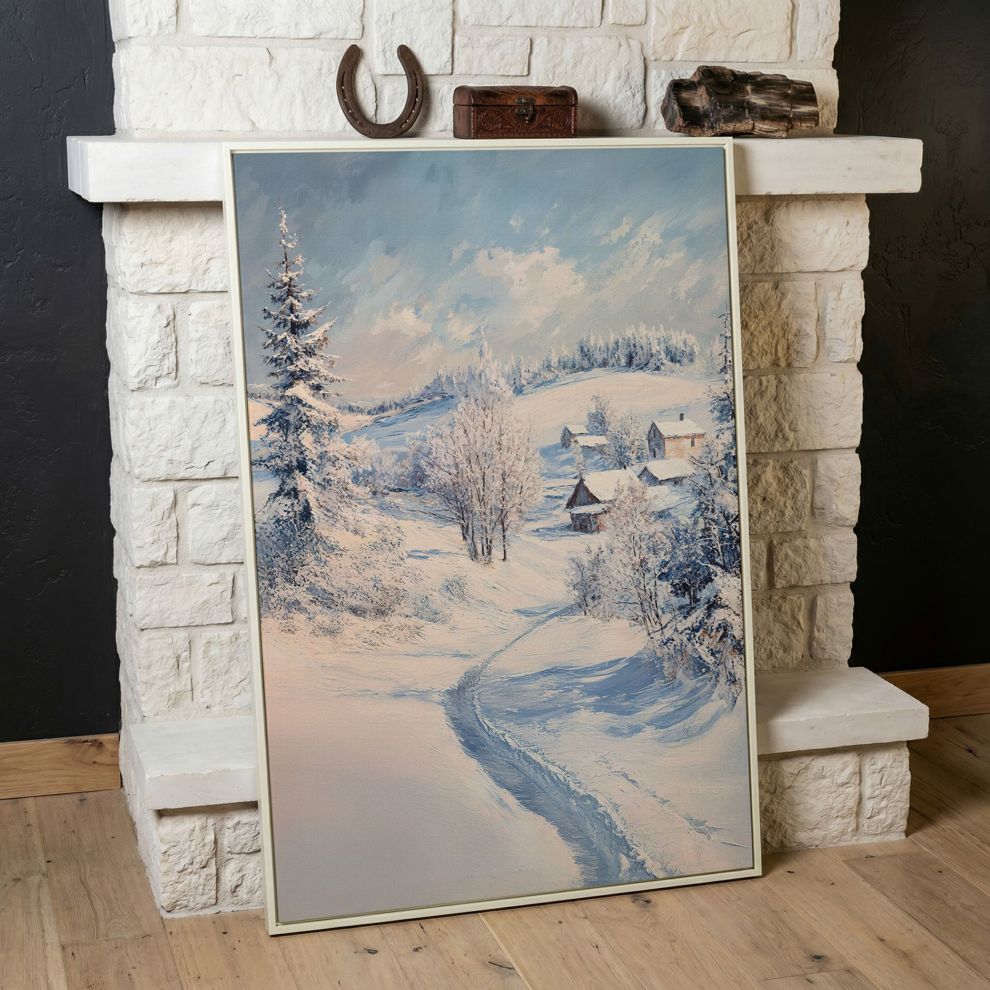Snowy Village Path Canvas in white floating frame