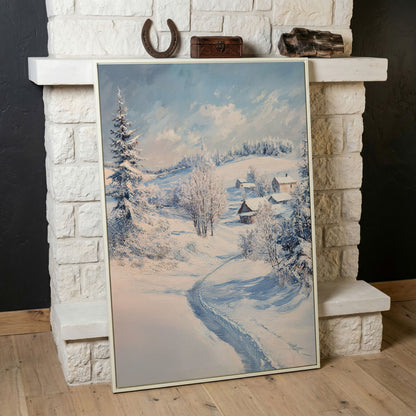 Snowy Village Path Canvas in white floating frame