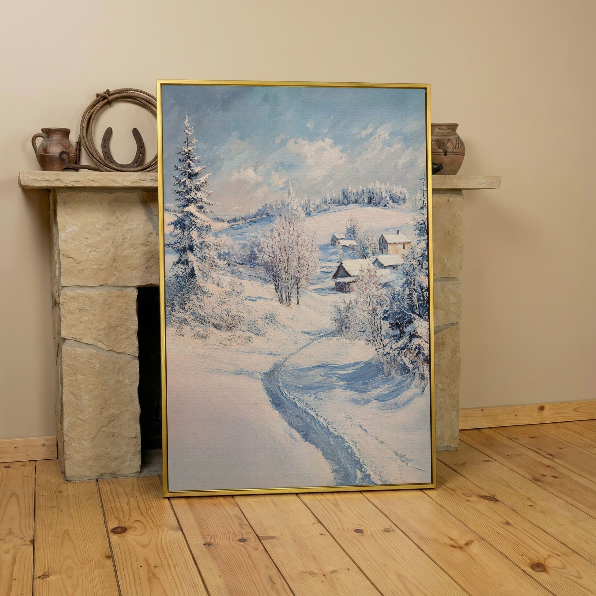 Snowy Village Path Canvas in yellow gold floating frame