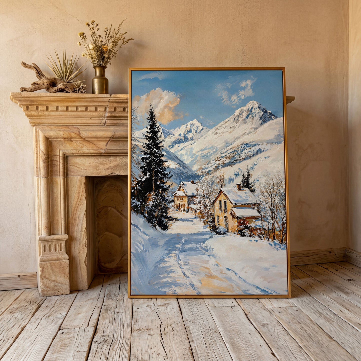 Snowy Village Canvas Print with Mountain Peaks in antique gold floating frame