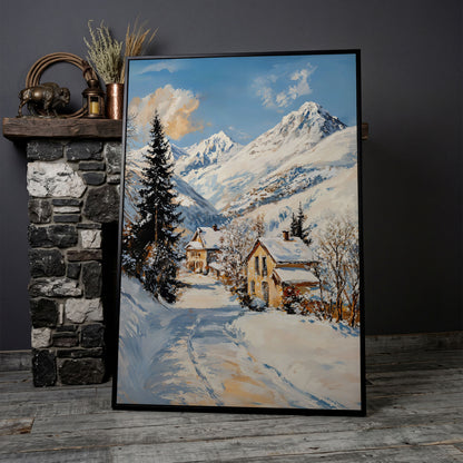 Snowy Village Canvas Print with Mountain Peaks in black floating frame