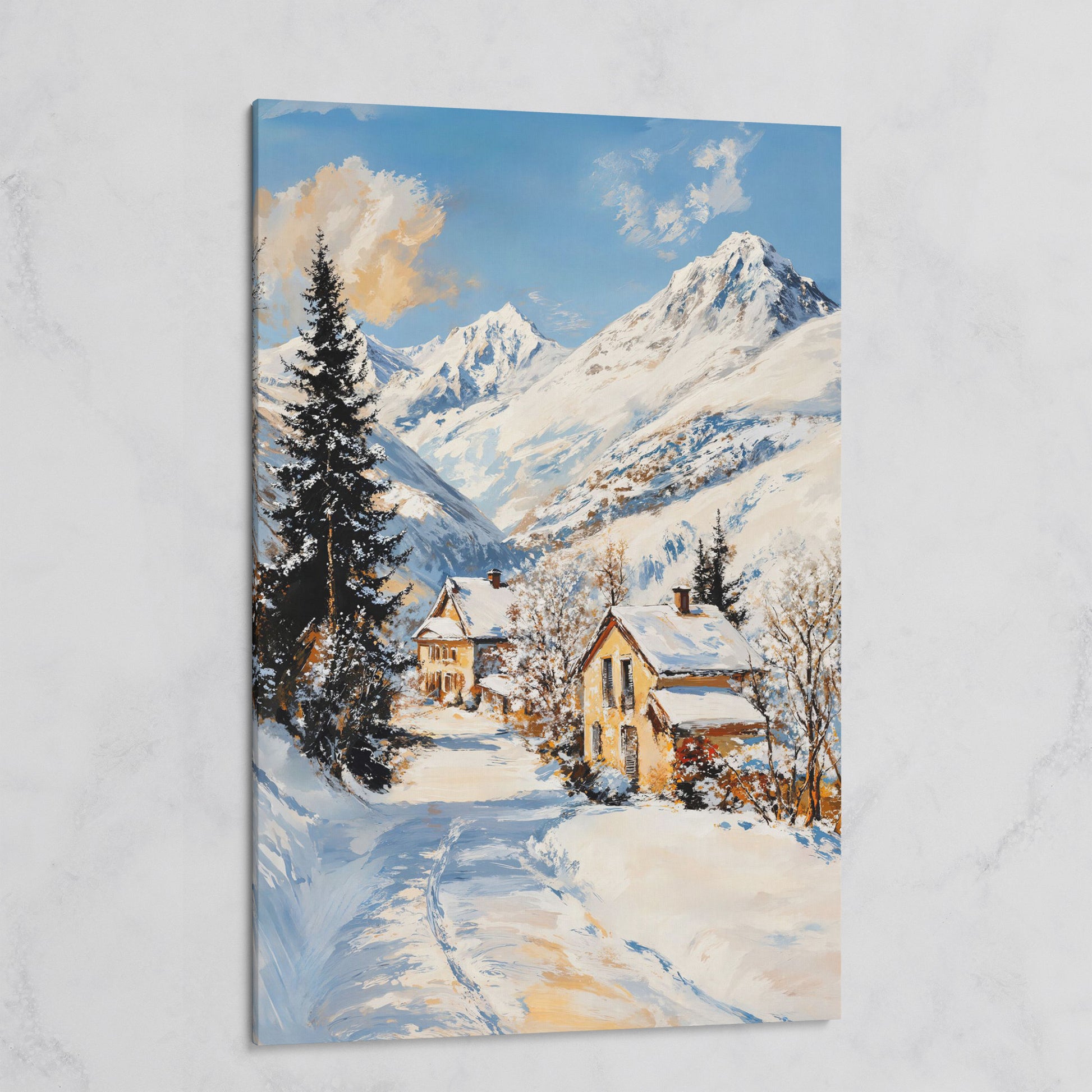 Snowy Village Canvas Print with Mountain Peaks on gallery wrap