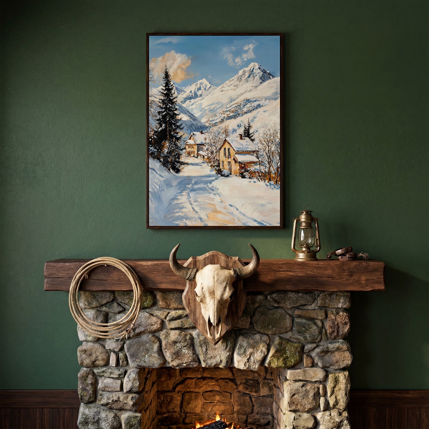 Snowy Village Canvas Print with Mountain Peaks in dark walnut floating frame