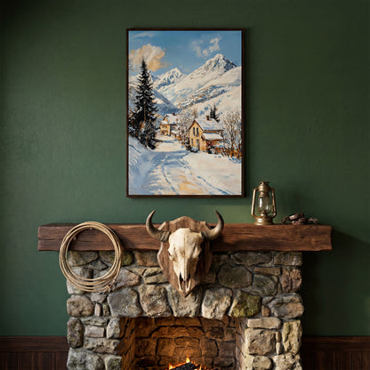 Snowy Village Canvas Print with Mountain Peaks in dark walnut floating frame