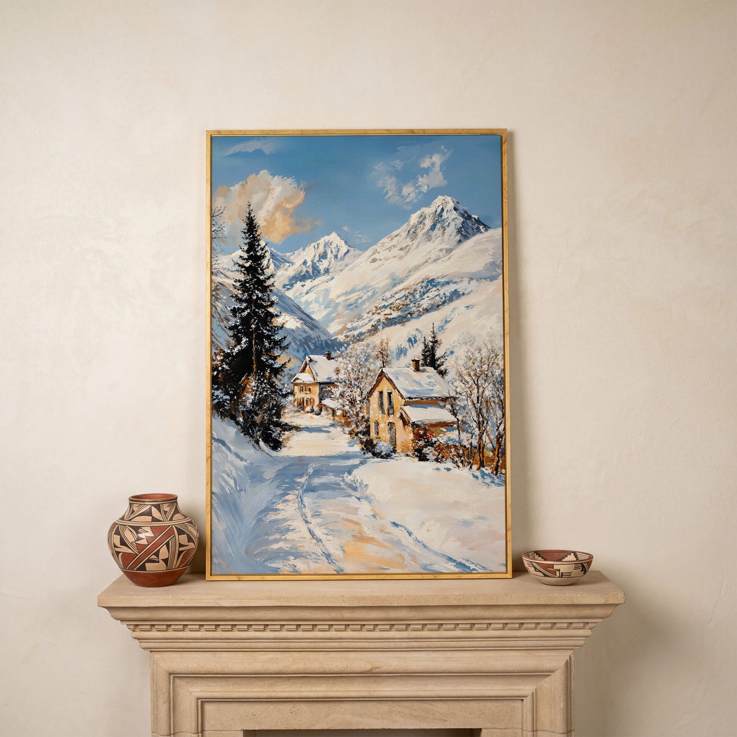 Snowy Village Canvas Print with Mountain Peaks in white oak floating frame