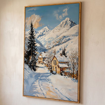 Snowy Village Canvas Print with Mountain Peaks shown in white oak floating frame