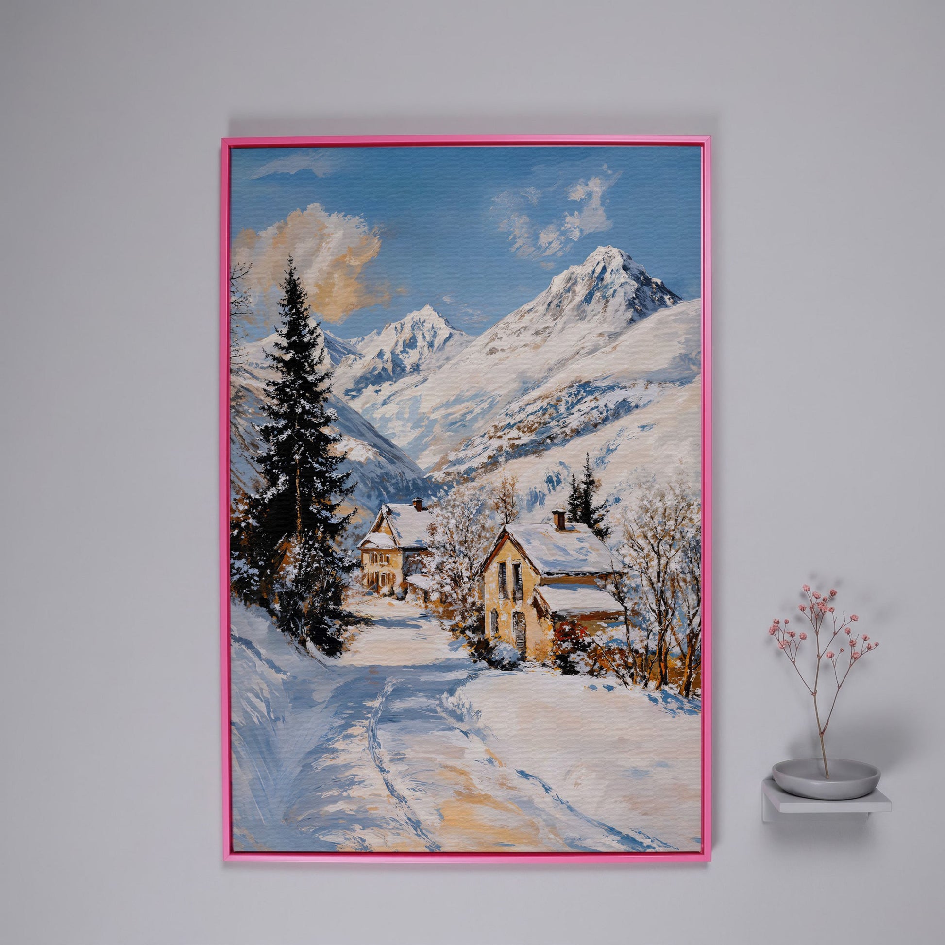 Snowy Village Canvas Print with Mountain Peaks in pink floating frame