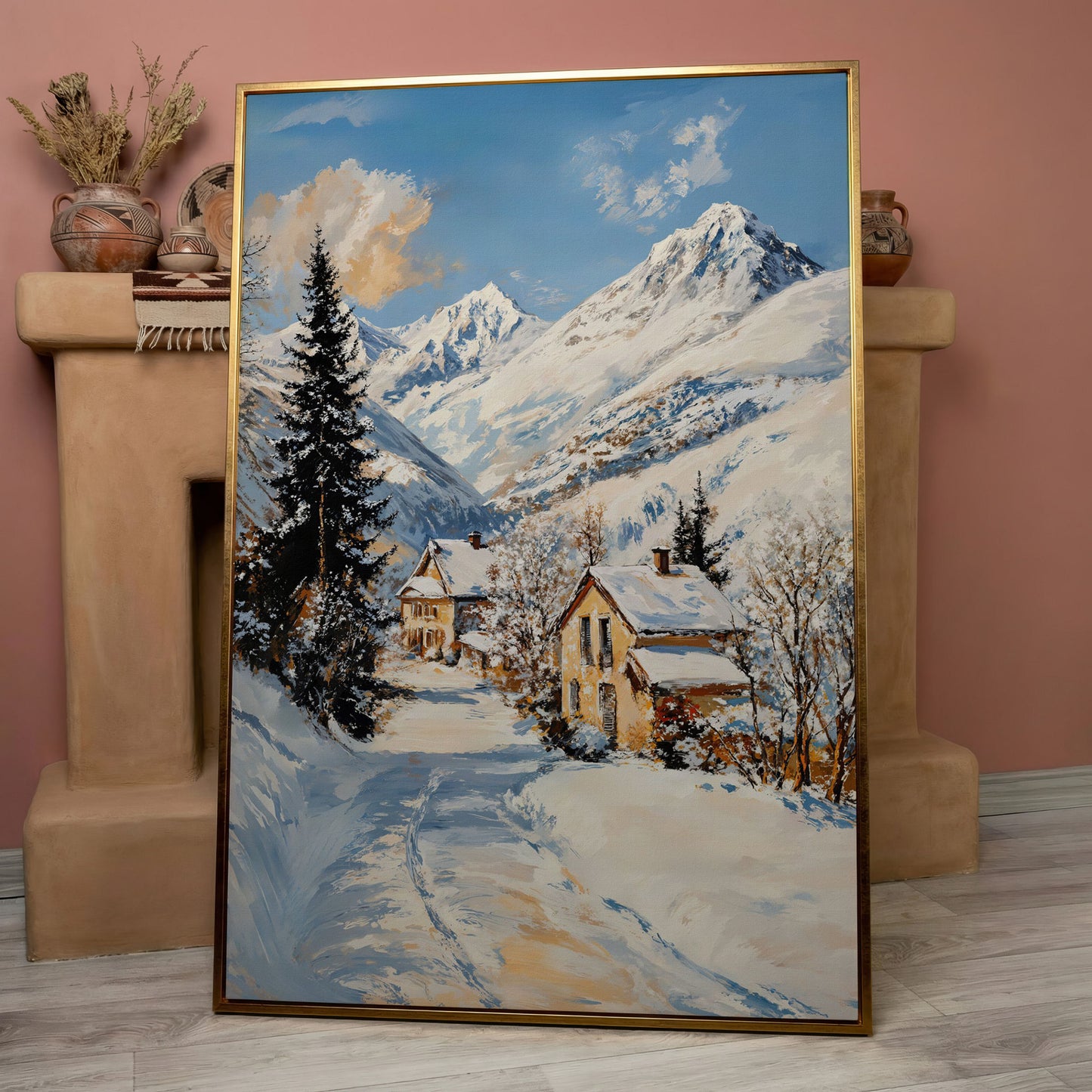 Snowy Village Canvas Print with Mountain Peaks in rose gold floating frame