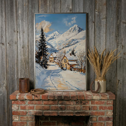 Snowy Village Canvas Print with Mountain Peaks in silver floating frame