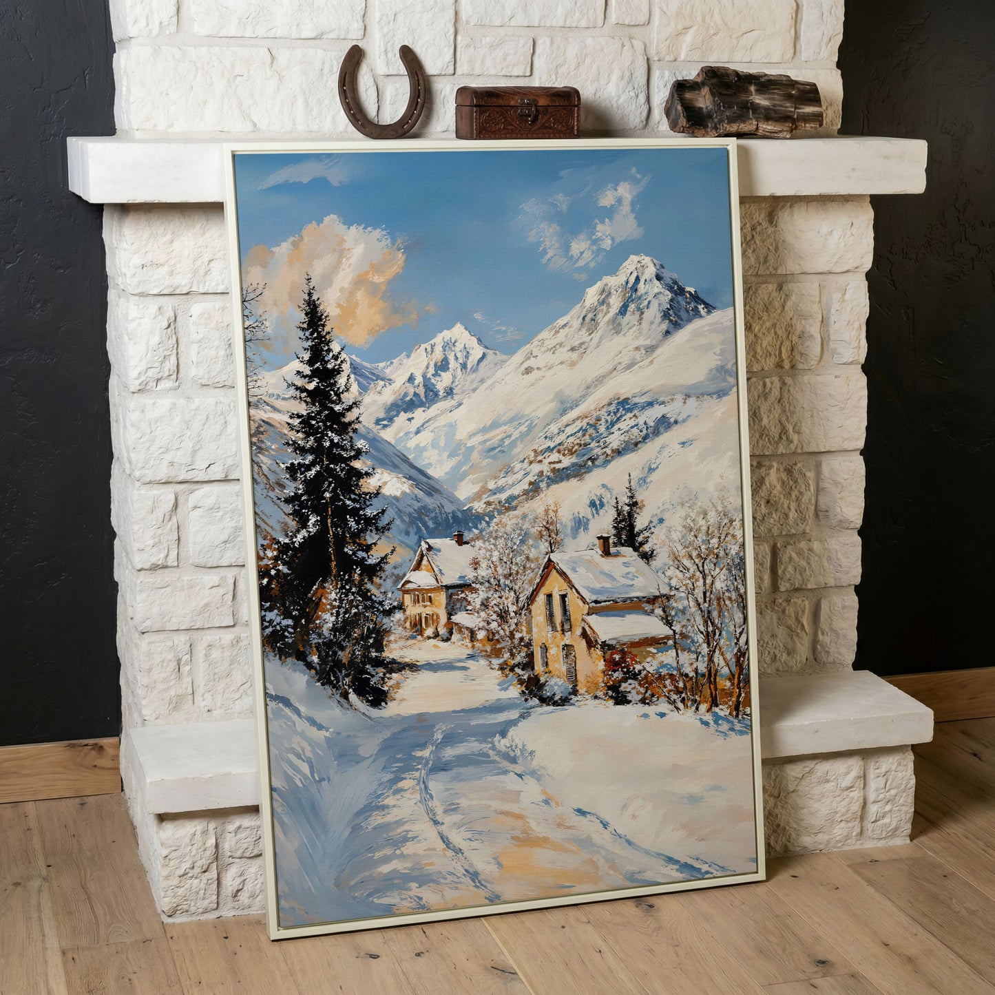 Snowy Village Canvas Print with Mountain Peaks in white floating frame
