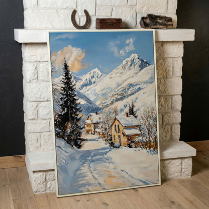 Snowy Village Canvas Print with Mountain Peaks in white floating frame