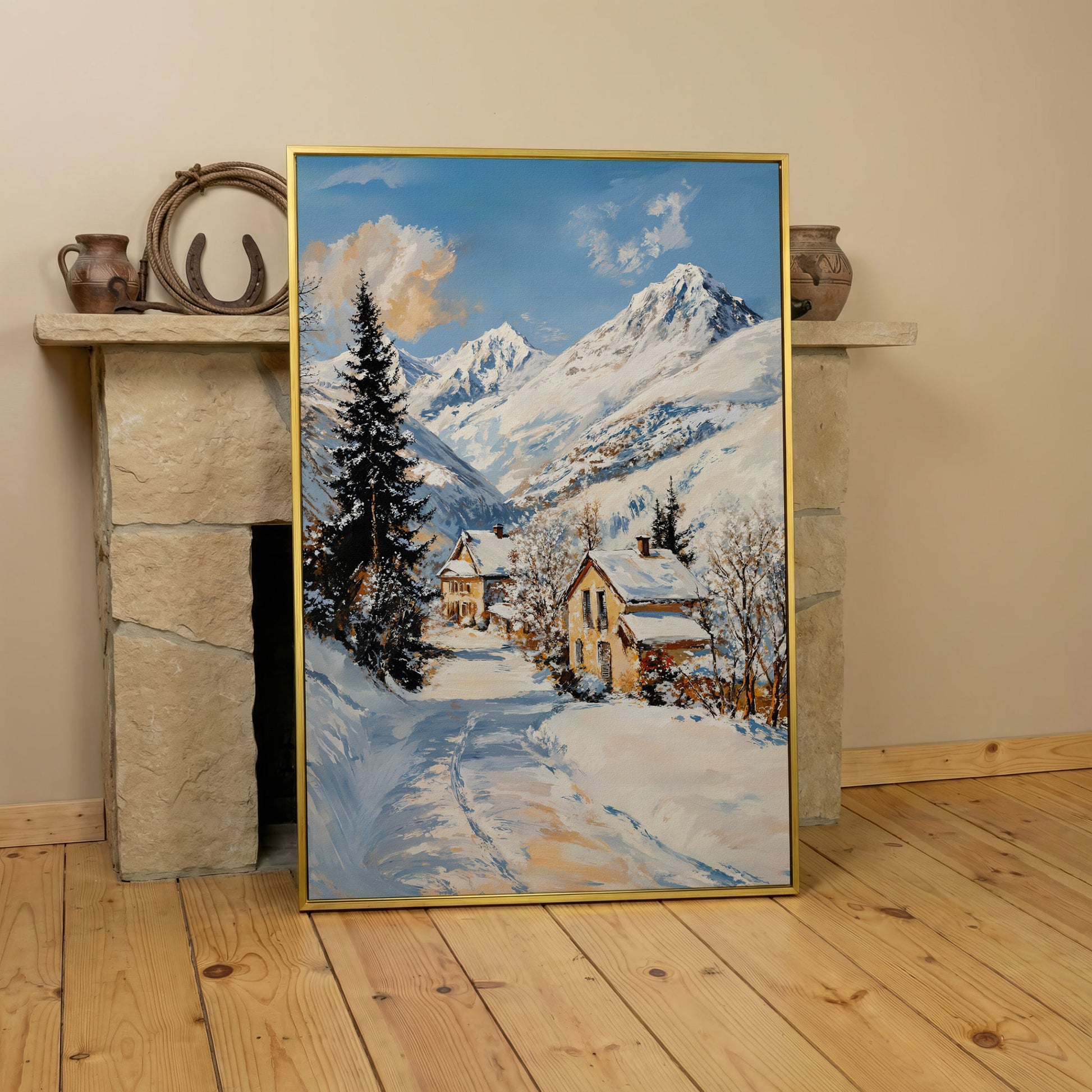 Snowy Village Canvas Print with Mountain Peaks in yellow gold floating frame