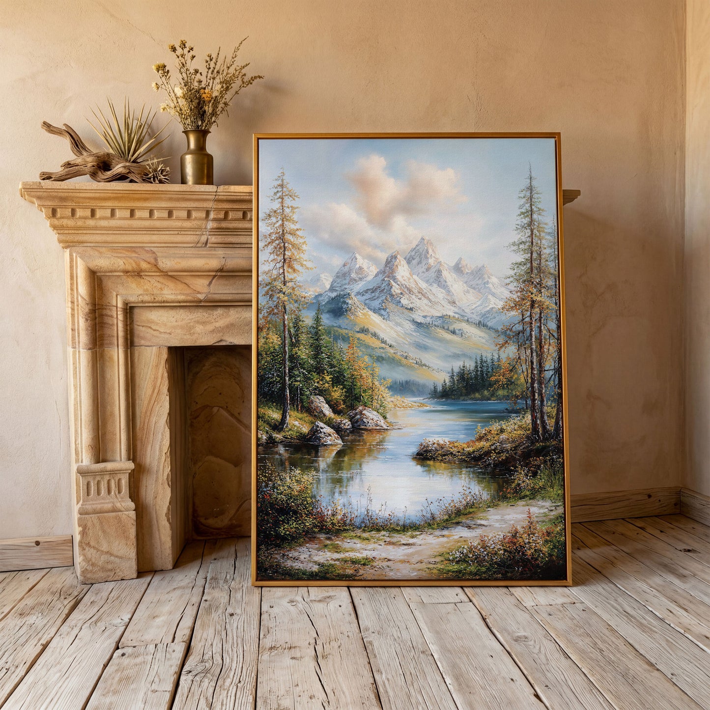 Mountain Lake Reflection Canvas in antique gold floating frame