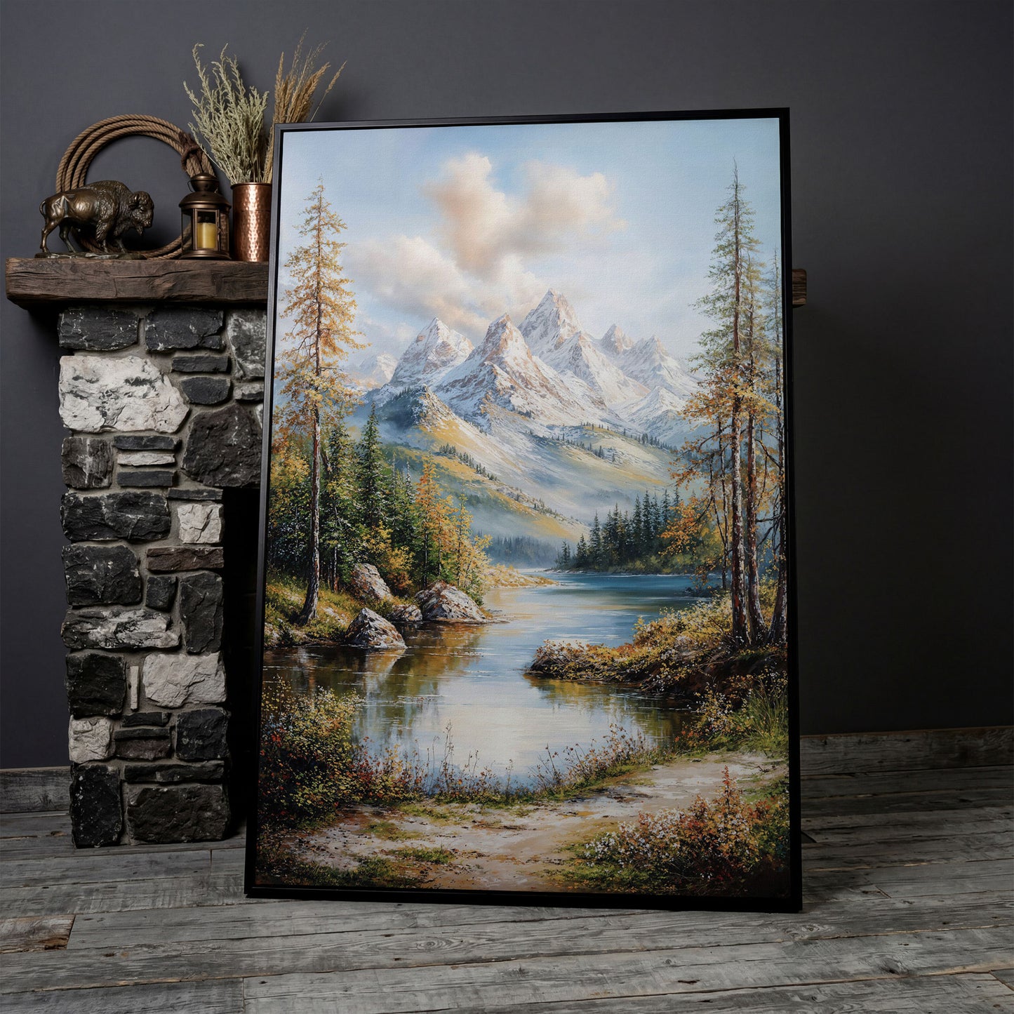 Mountain Lake Reflection Canvas in black floating frame