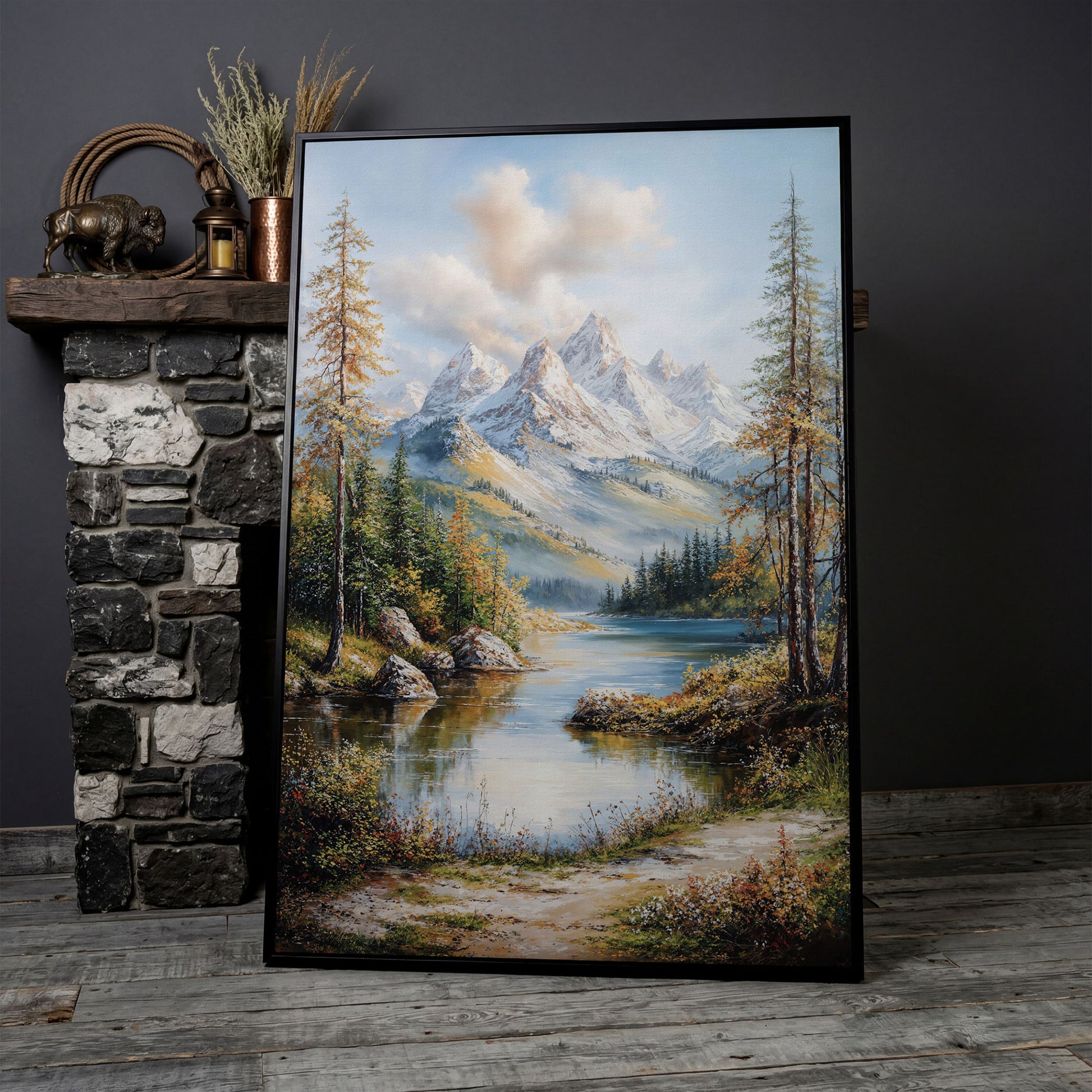 Mountain Lake Reflection Canvas in black floating frame