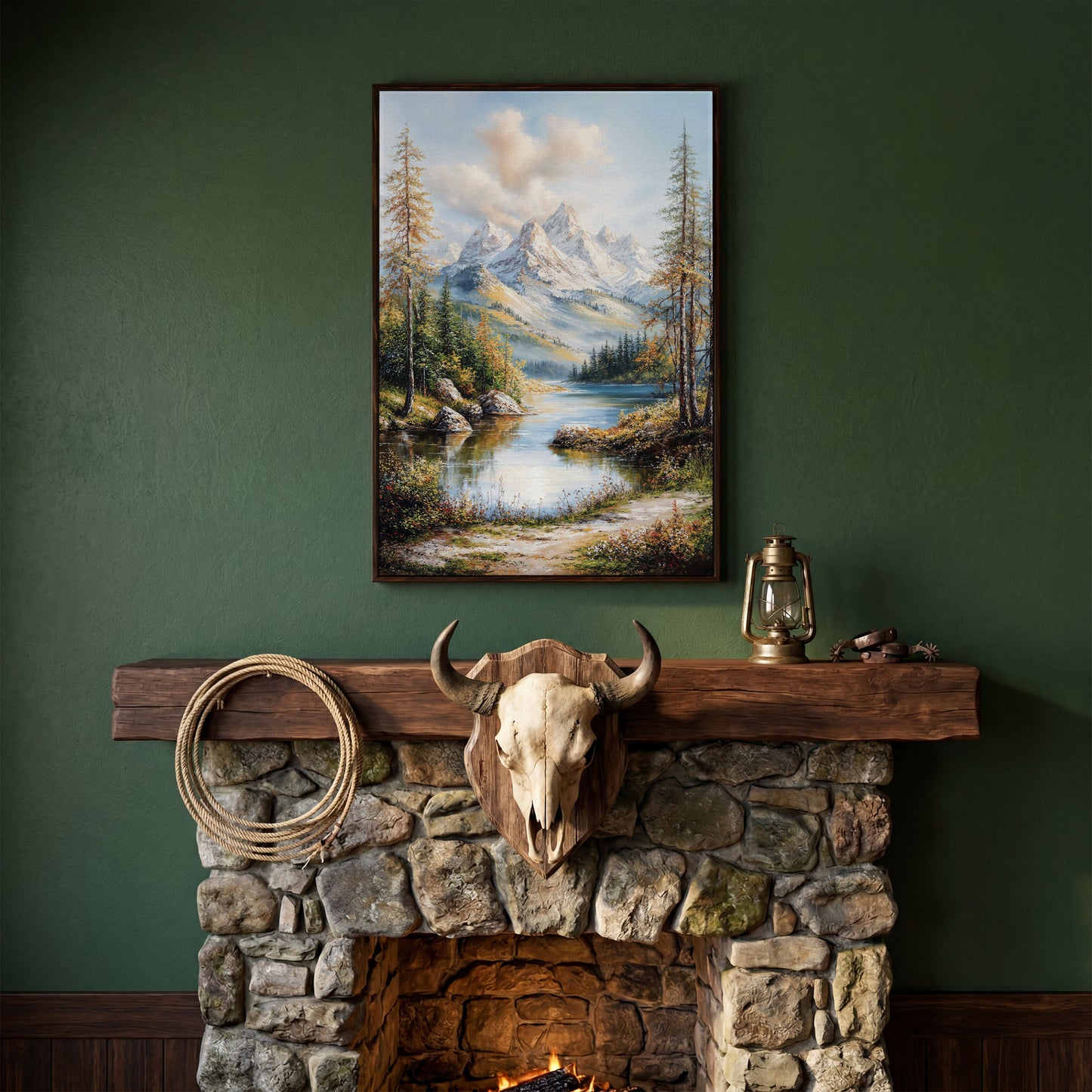 Mountain Lake Reflection Canvas in dark walnut floating frame