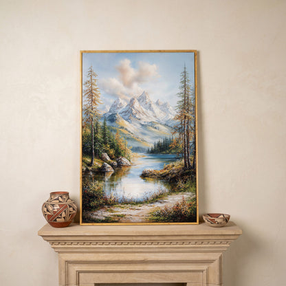 Mountain Lake Reflection Canvas in white oak floating frame