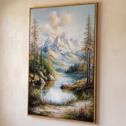 Mountain Lake Reflection Canvas shown in white oak floating frame