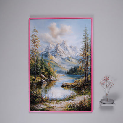 Mountain Lake Reflection Canvas in pink floating frame