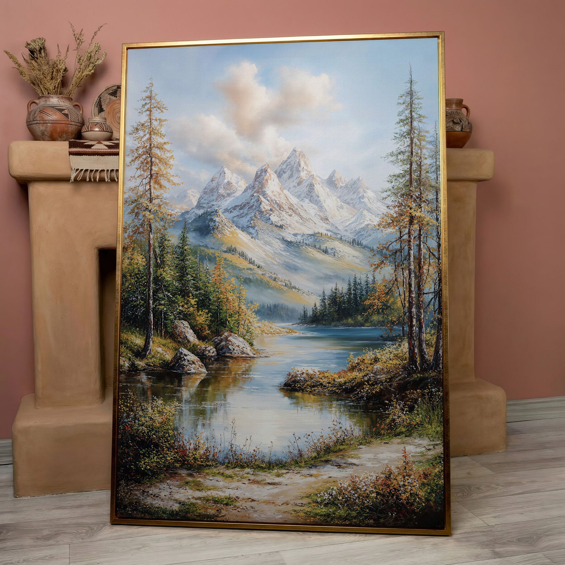 Mountain Lake Reflection Canvas in rose gold floating frame
