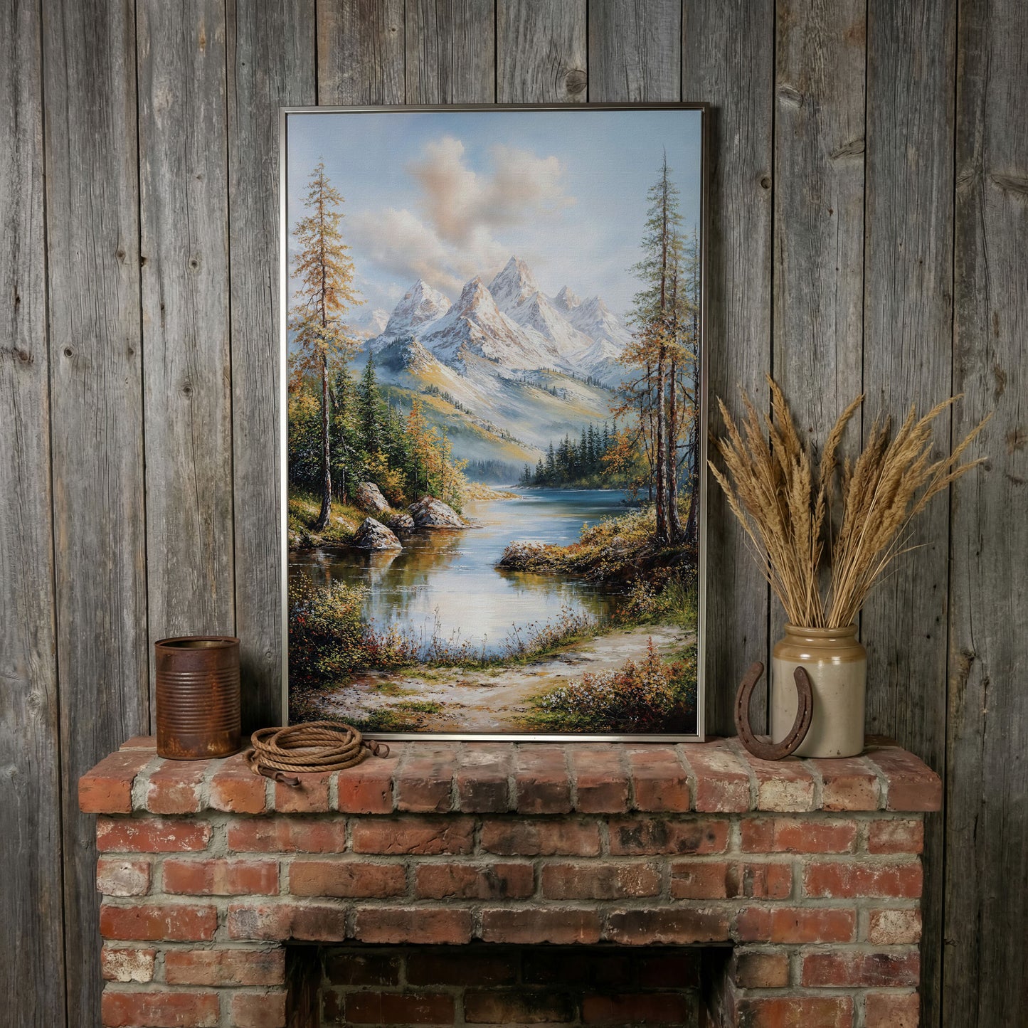 Mountain Lake Reflection Canvas in silver floating frame