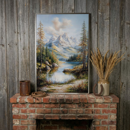 Mountain Lake Reflection Canvas in silver floating frame
