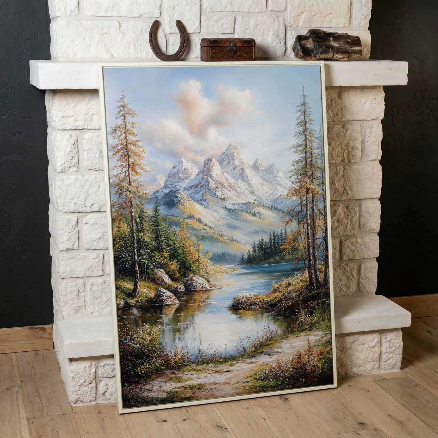 Mountain Lake Reflection Canvas in white floating frame