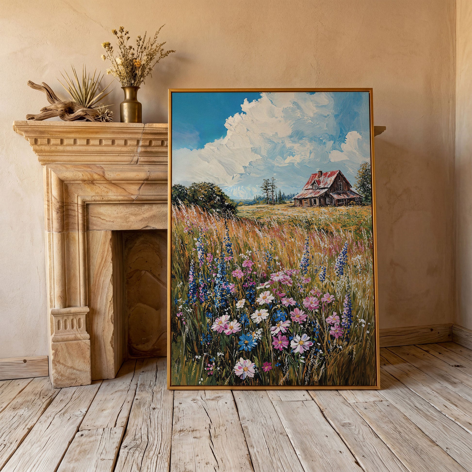 Country Landscape with Wildflowers Canvas Print in antique gold floating frame