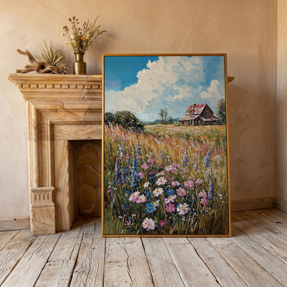 Country Landscape with Wildflowers Canvas Print in antique gold floating frame