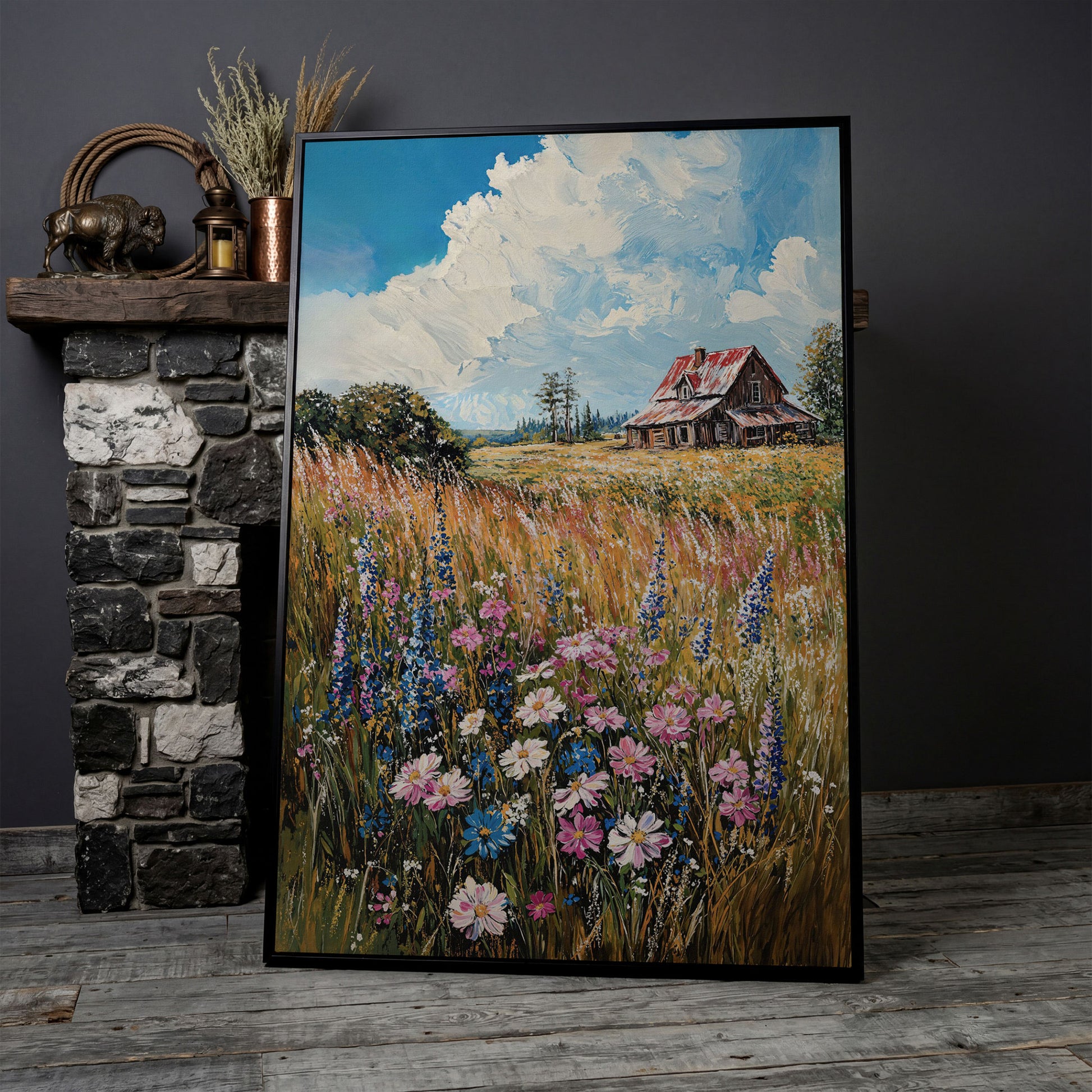 Country Landscape with Wildflowers Canvas Print in black floating frame