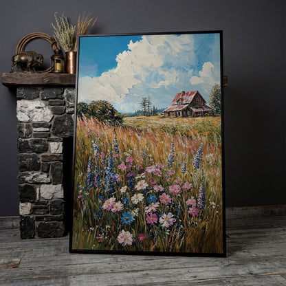 Country Landscape with Wildflowers Canvas Print in black floating frame