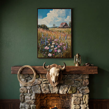 Country Landscape with Wildflowers Canvas Print in dark walnut floating frame