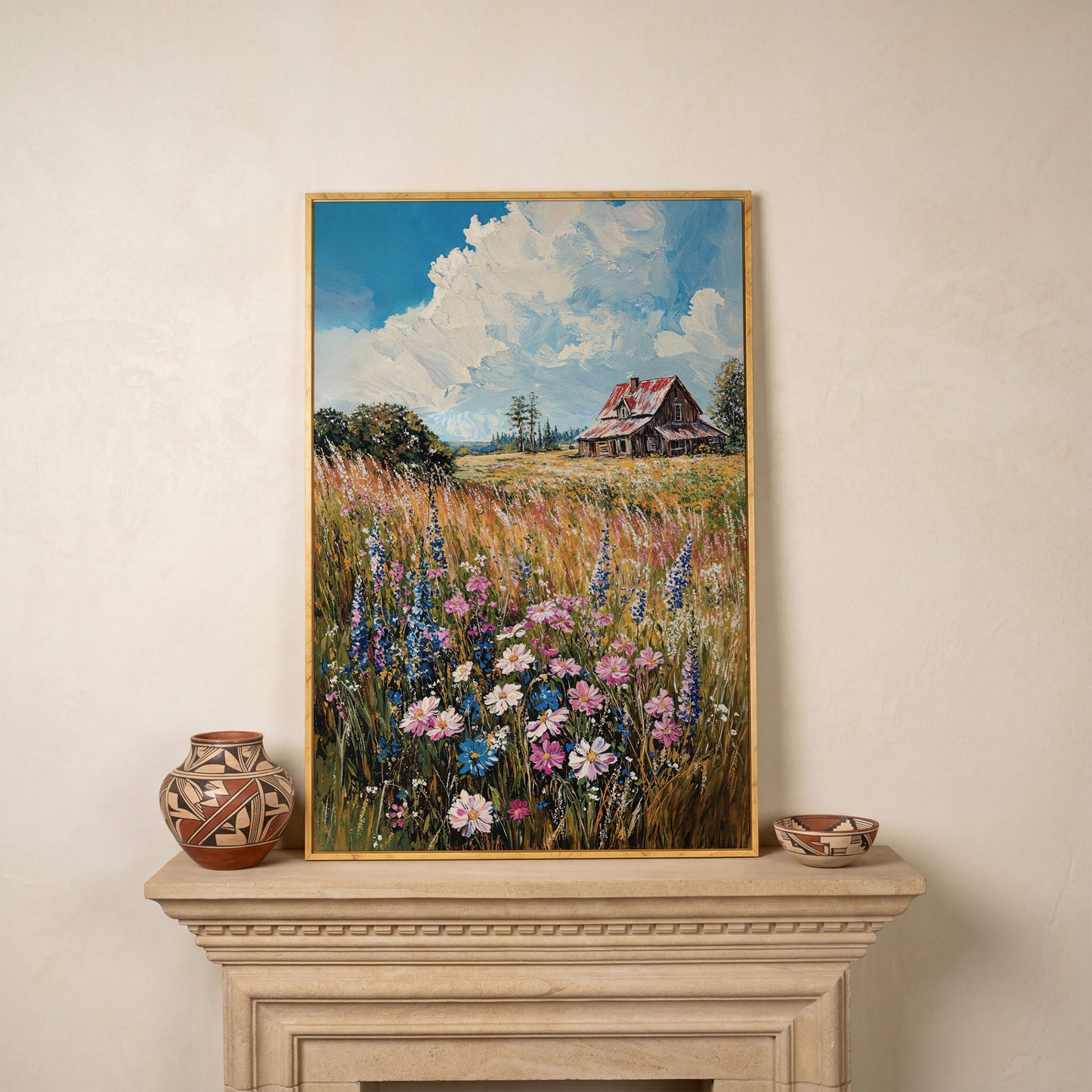 Country Landscape with Wildflowers Canvas Print in white oak floating frame