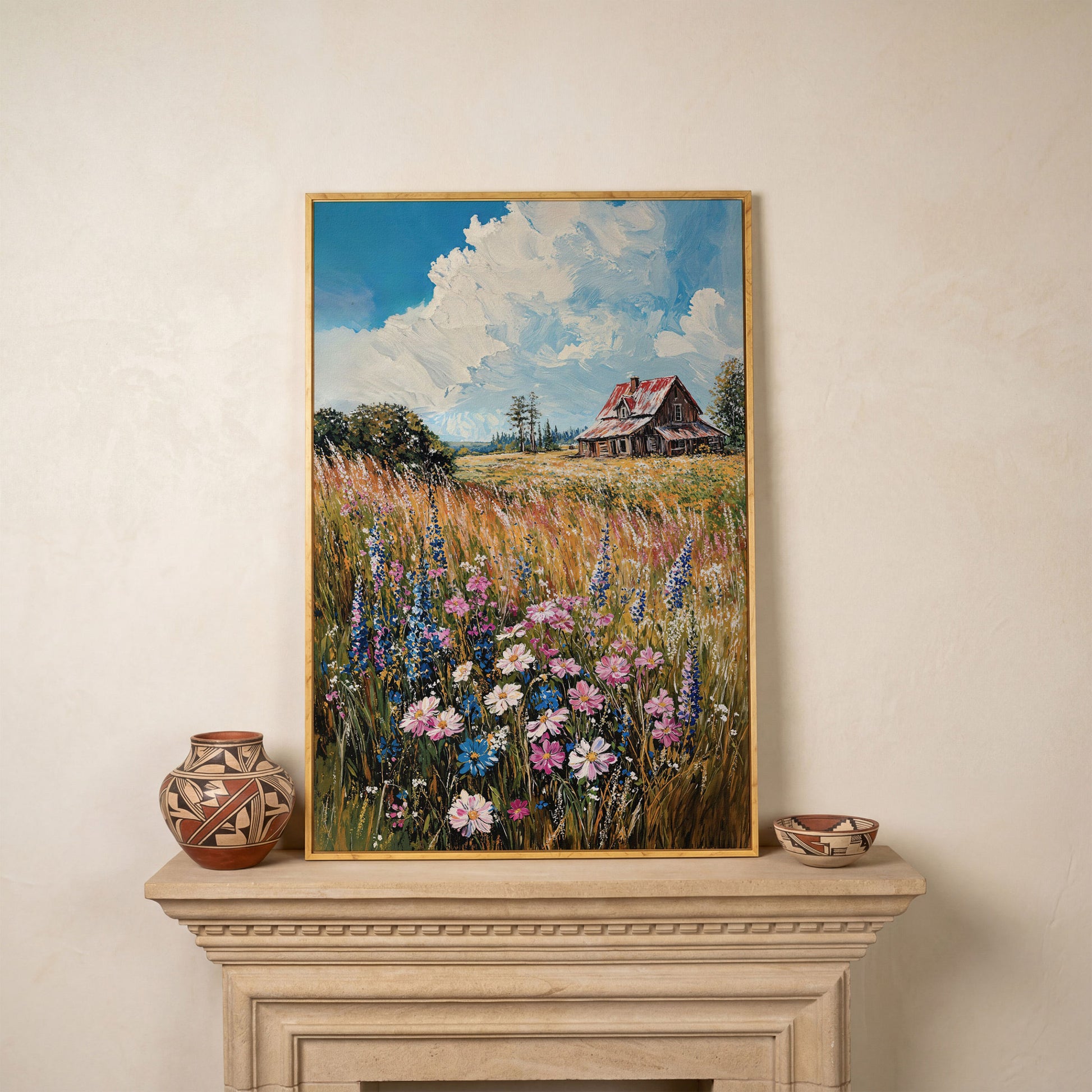 Country Landscape with Wildflowers Canvas Print in white oak floating frame
