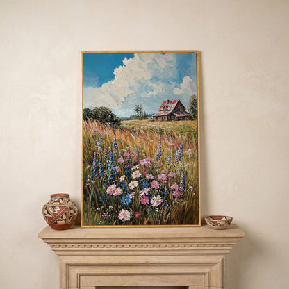 Country Landscape with Wildflowers Canvas Print in white oak floating frame
