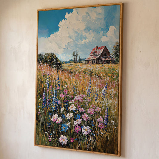 Country Landscape with Wildflowers Canvas Print shown in white oak floating frame