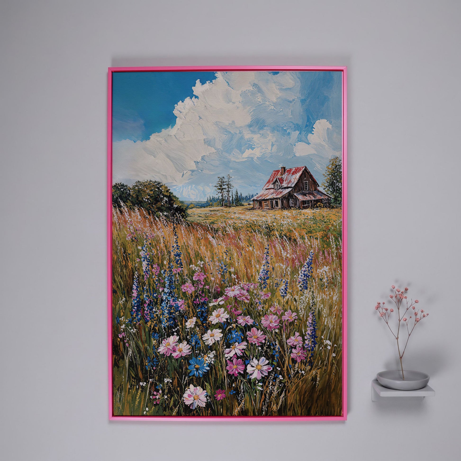 Country Landscape with Wildflowers Canvas Print in pink floating frame